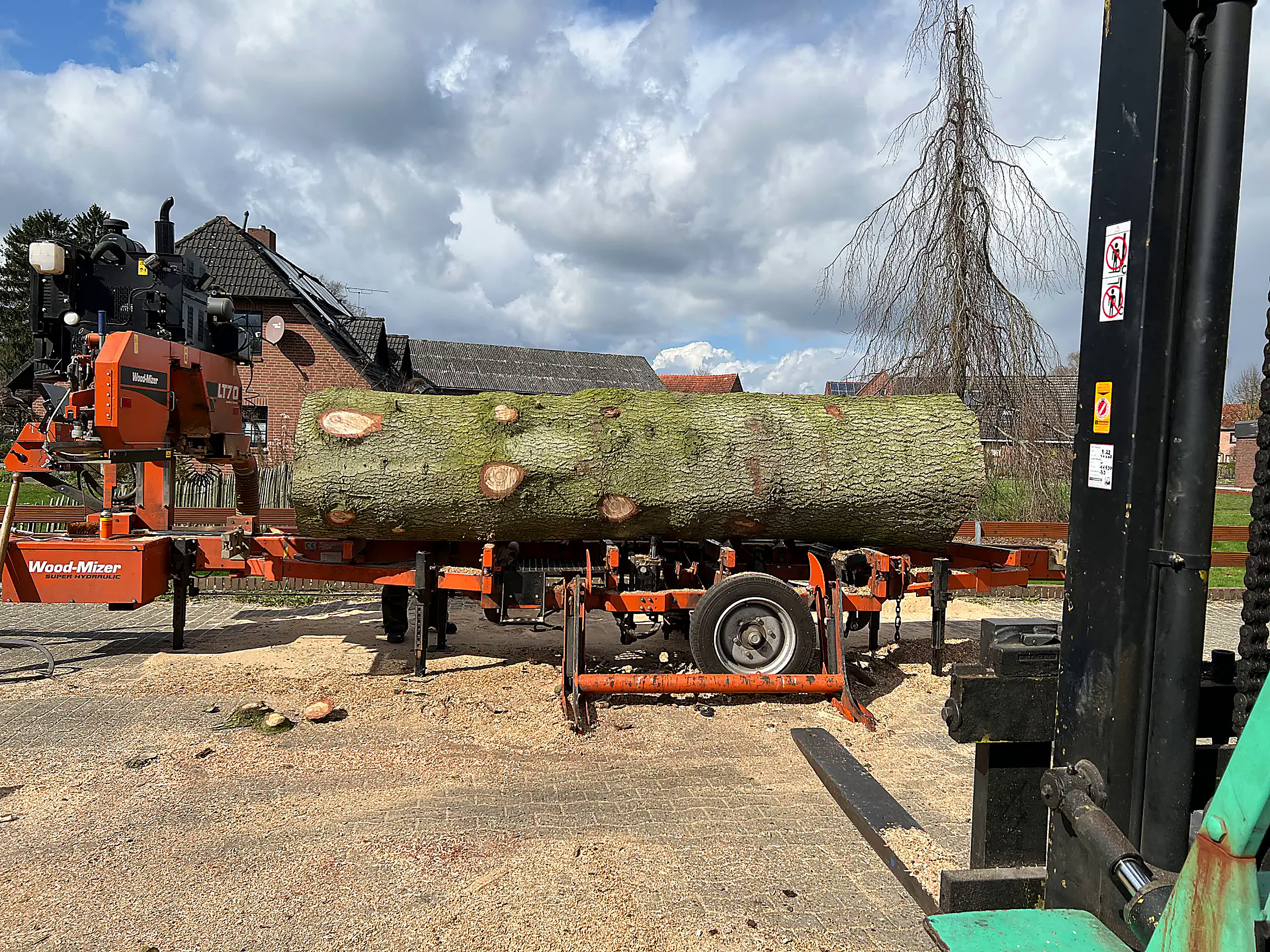 Mobiles Wood-Mizer Sägewerk beim Einschnitt eines Eichenstamms